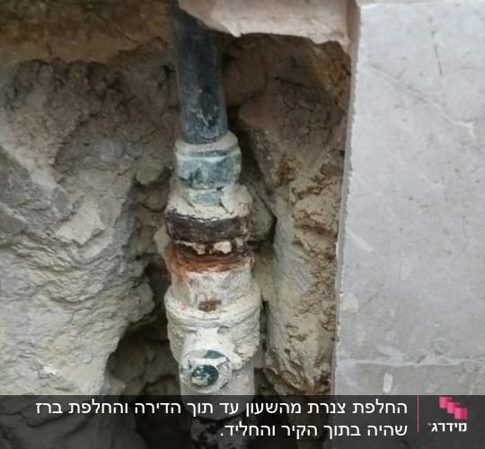 צינור מים עם חלודה בקיר פתוח